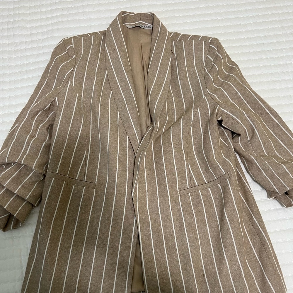 Linen feel tan and white striped blazer with shoulder pads and ruched sleeves